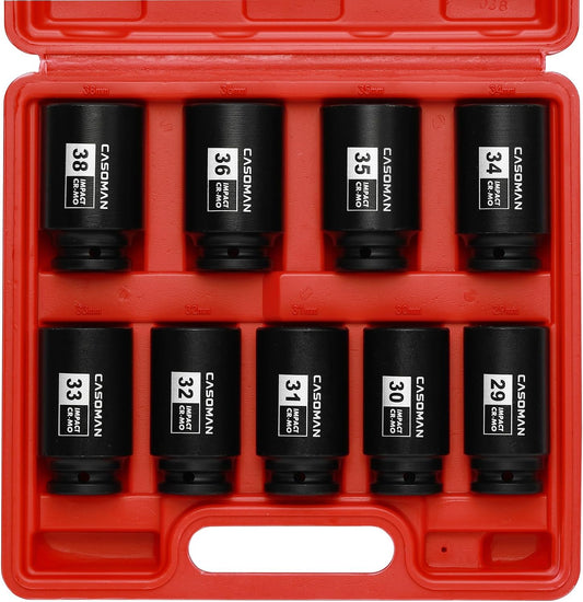 9PCS 1/2" Drive Deep Axle Nut Impact Socket Set – 29mm–38mm 6-Point CR-MO Deep Impact Sockets for Wheel Bearing, Hub & Suspension Repair