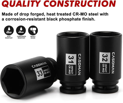 9PCS 1/2" Drive Deep Axle Nut Impact Socket Set – 29mm–38mm 6-Point CR-MO Deep Impact Sockets for Wheel Bearing, Hub & Suspension Repair
