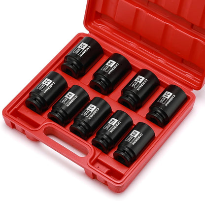 9PCS 1/2" Drive Deep Axle Nut Impact Socket Set – 29mm–38mm 6-Point CR-MO Deep Impact Sockets for Wheel Bearing, Hub & Suspension Repair